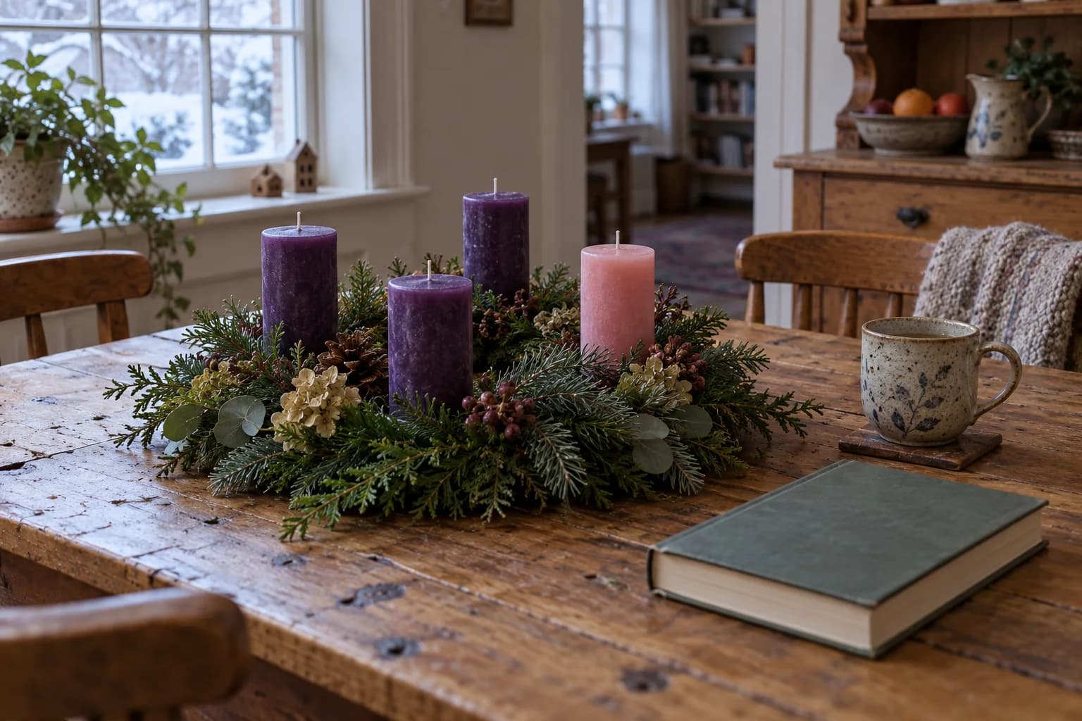 An evergreen Advent wreath with three purple candles and one pink candle on a wooden kitchen table.