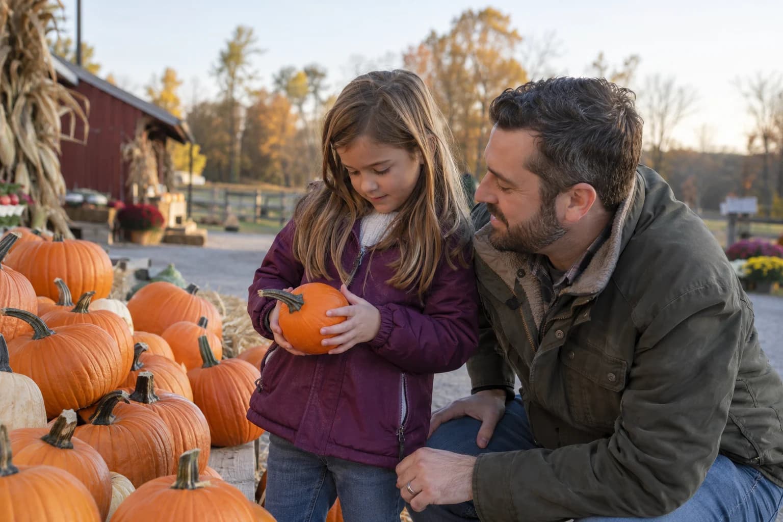 A father and daughter choose an orange pumpkin at an outdoor farm stand in autumn.