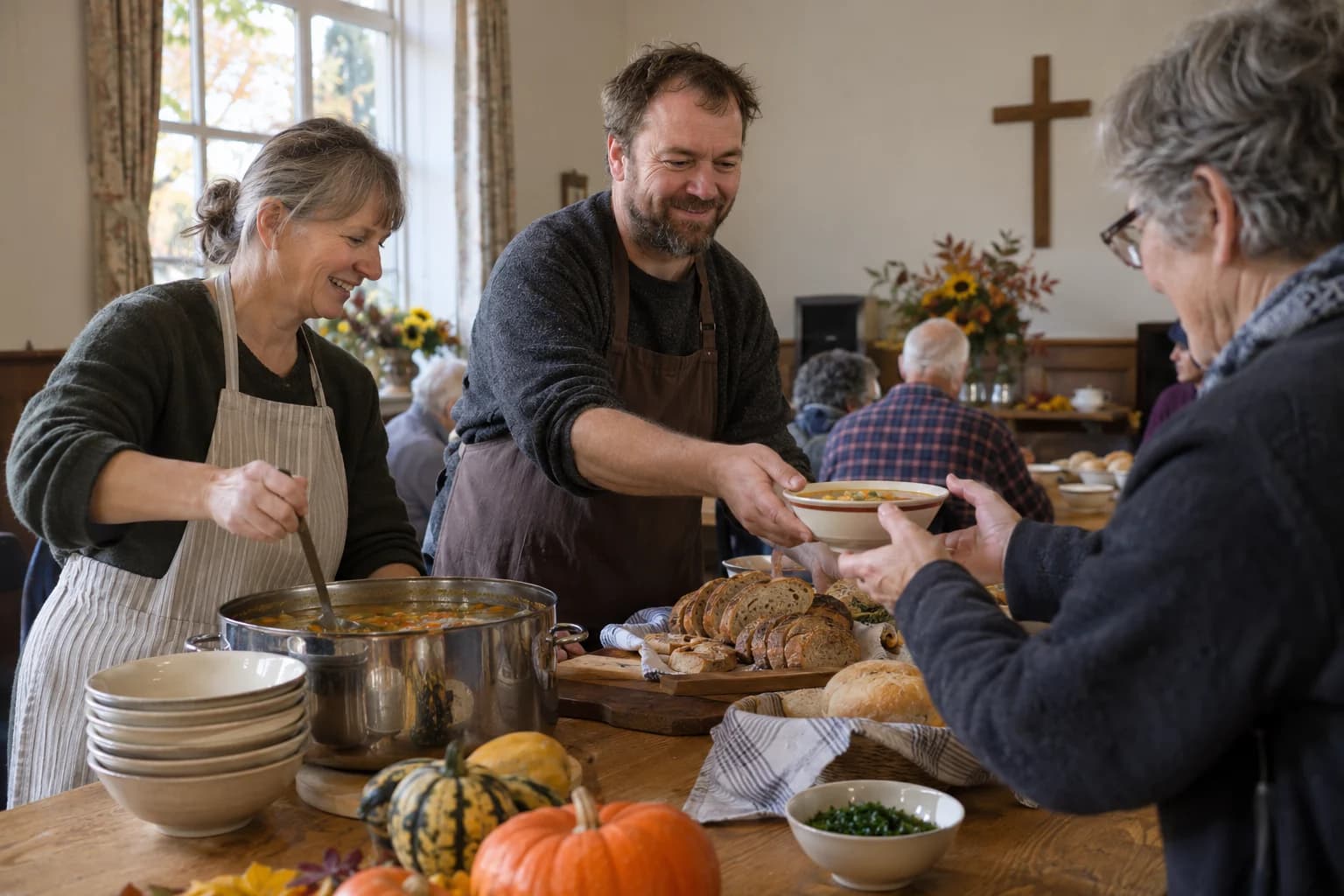 Volunteers share bread and soup around a table at an autumn community meal.