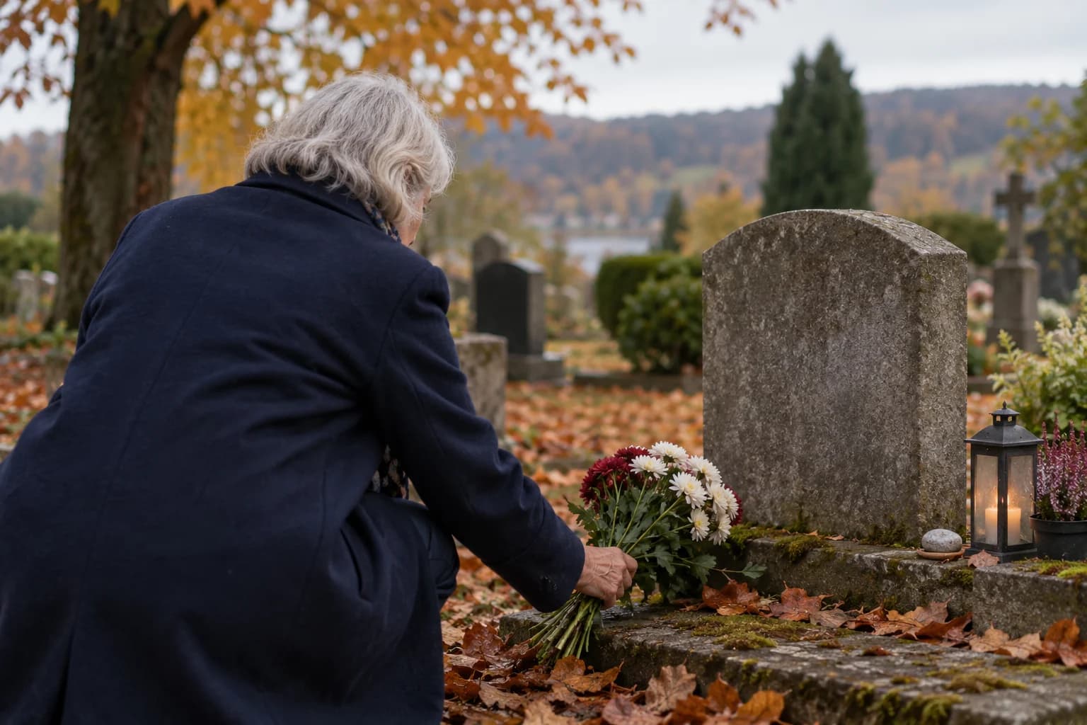A woman in a navy coat places chrysanthemums beside a memorial among fallen autumn leaves.