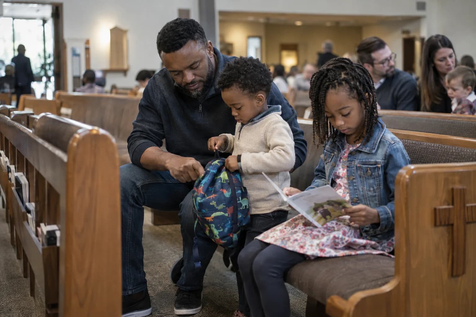 A father helps his young son with a backpack while his daughter reads in a church pew.