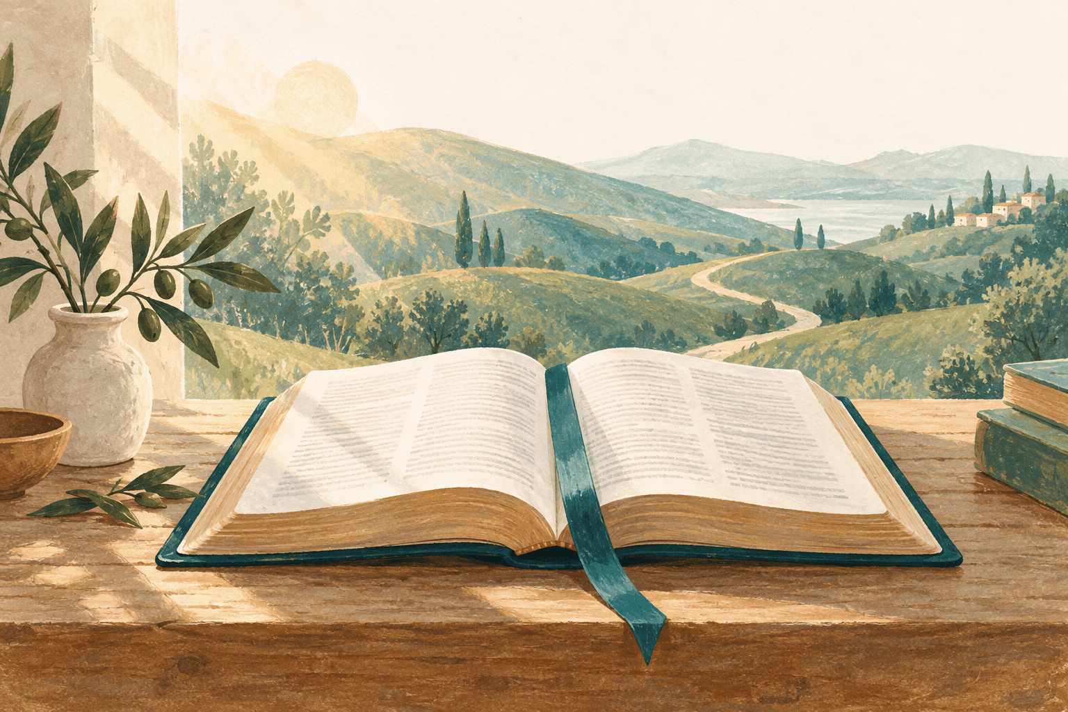 An open Bible with a teal bookmark, olive branches, and a sunlit path winding through green hills.