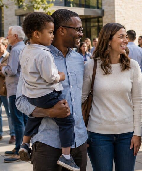 A family arriving for Sunday service