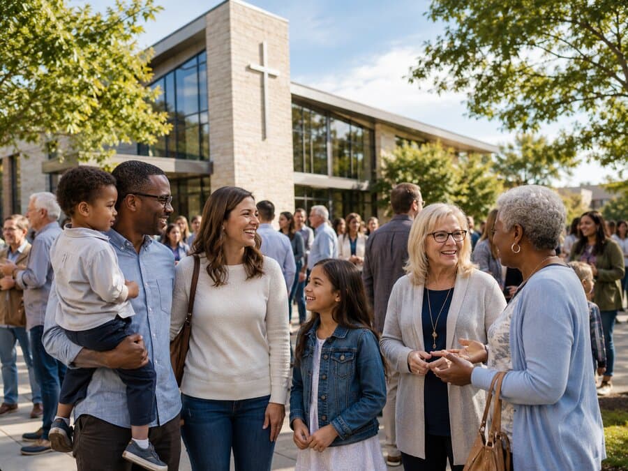 Church members greeting each other outside after a service